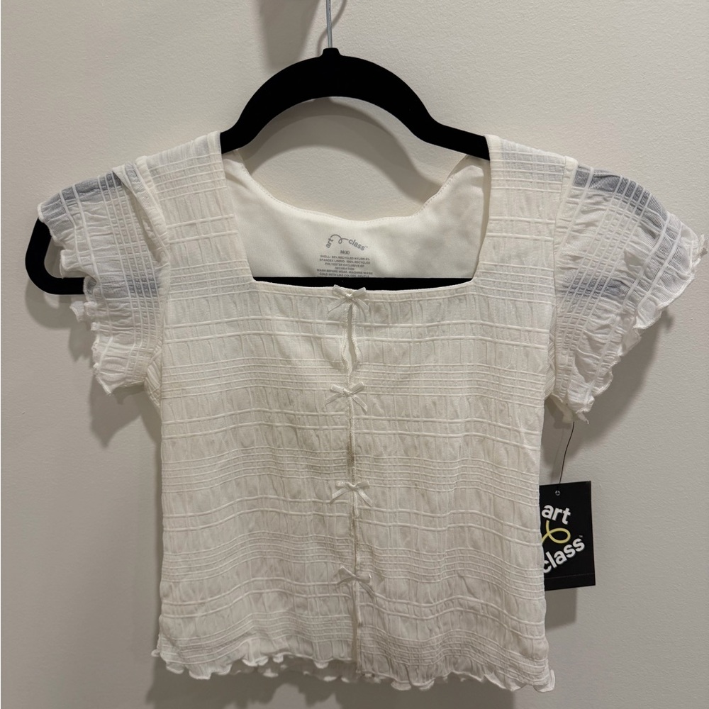 Art Class Girls' Ruffled Cream Bow Front Top - Size Medium (8) NWT